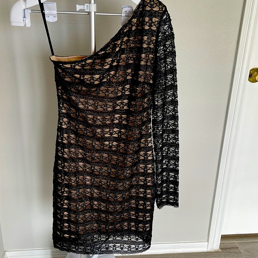 Bebe M black lace dress one shoulder.